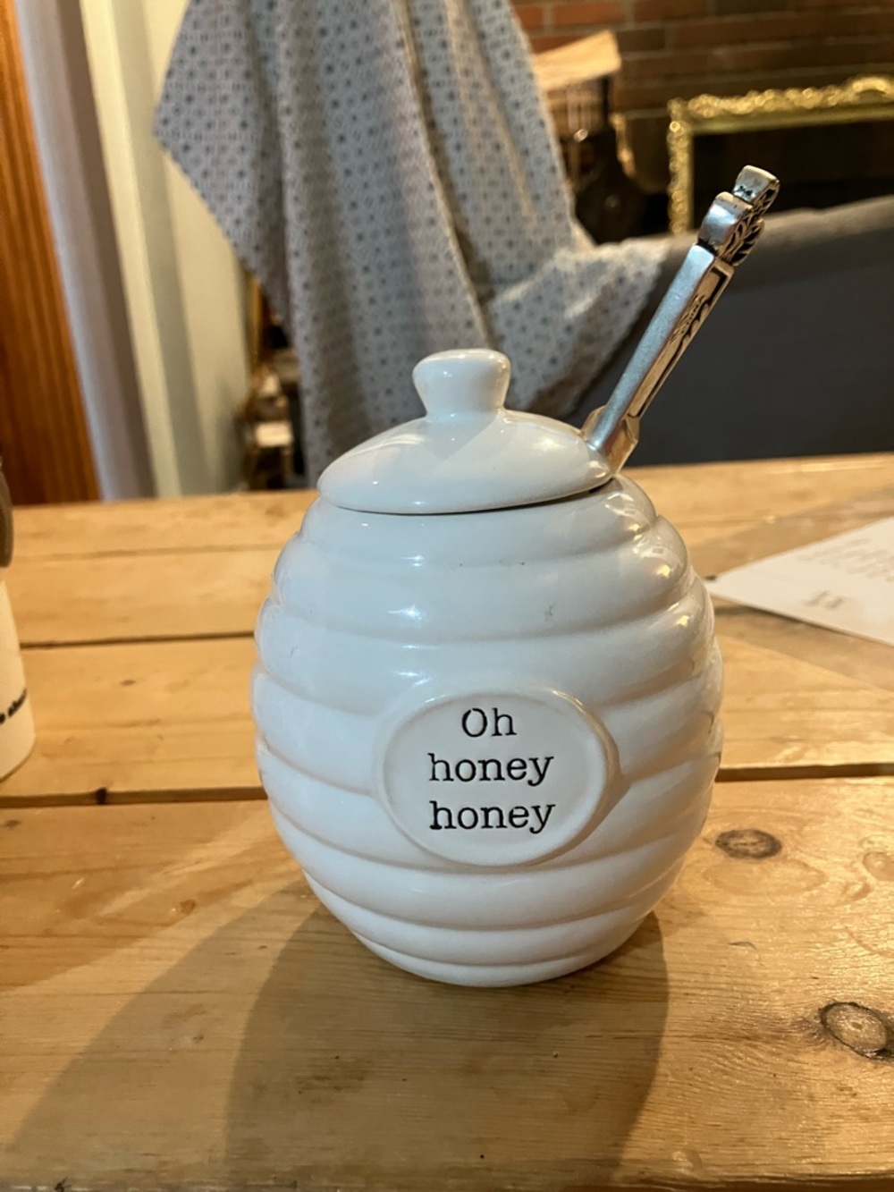 Mud Pie White Ceramic Honey Pot - Ribbed Beehive Style